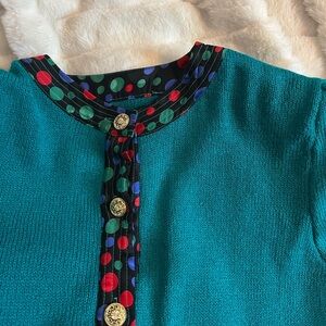 Vintage 80s 90s Anne Crimmins L Teal Green Gold Multicolor Dot Knit Suit Jacket